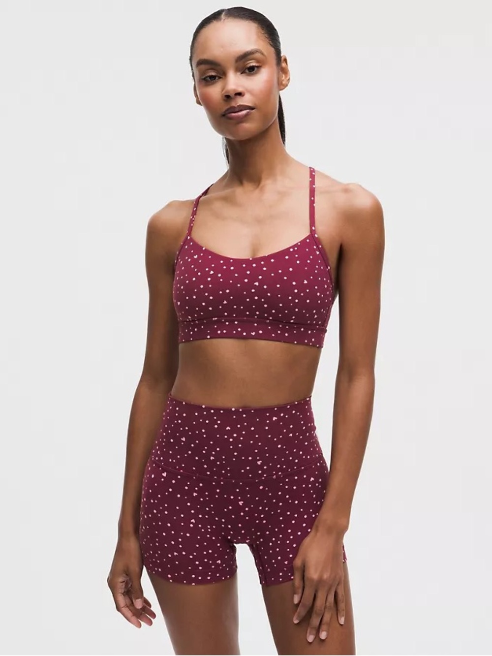 NWT lululemon Flow Y Bra Nulu Heart Scatter Dot Print Candy Cloud Burgundy Bay 8
